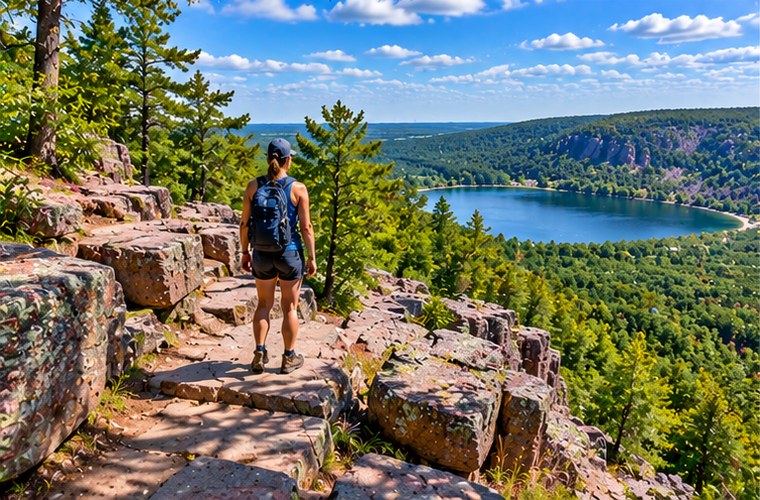 Hiking trail and quartzite bluffs near Baraboo Wisconsin