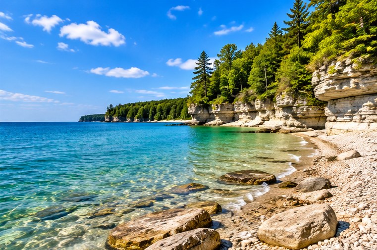 Rocky and sandy shoreline in Door County Wisconsin