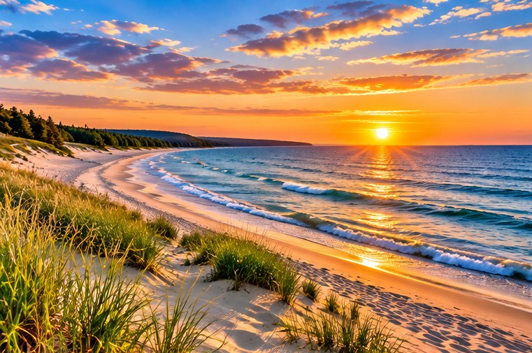 Sandy Wisconsin beach beside clear blue water