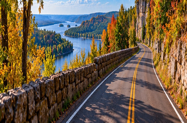 Scenic road leading toward a small Wisconsin town
