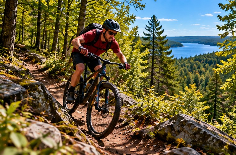 Mountain biking on a wooded Wisconsin trail