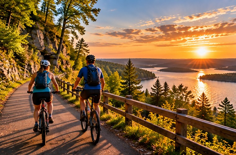Cyclists riding a scenic Wisconsin bike trail