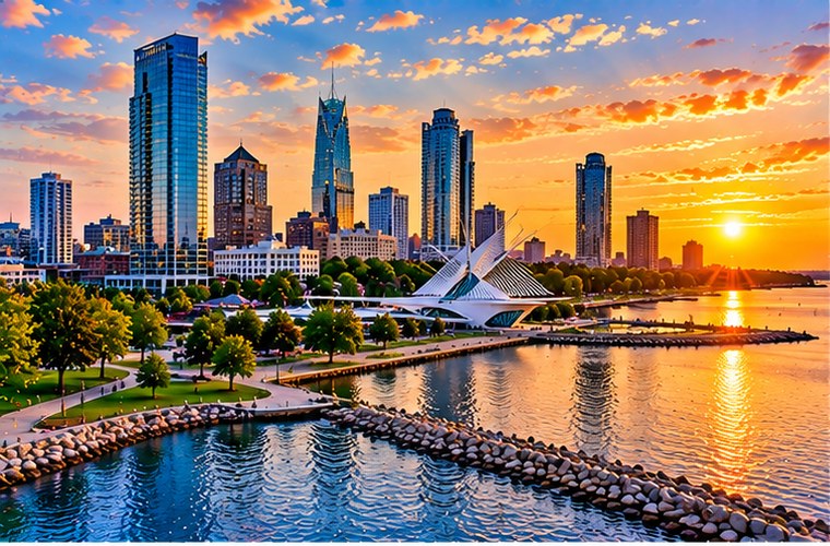 Wisconsin city waterfront at sunset