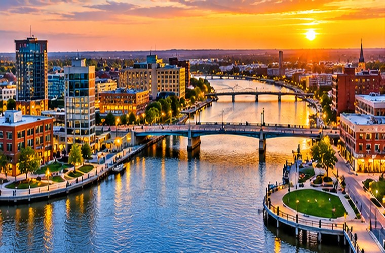 Fox River waterfront in downtown Green Bay Wisconsin