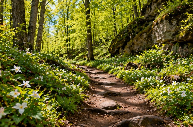 Spring hiking trail through Wisconsin forest
