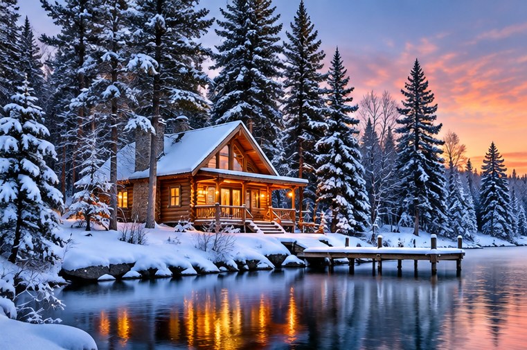Cozy Wisconsin cabin surrounded by snow